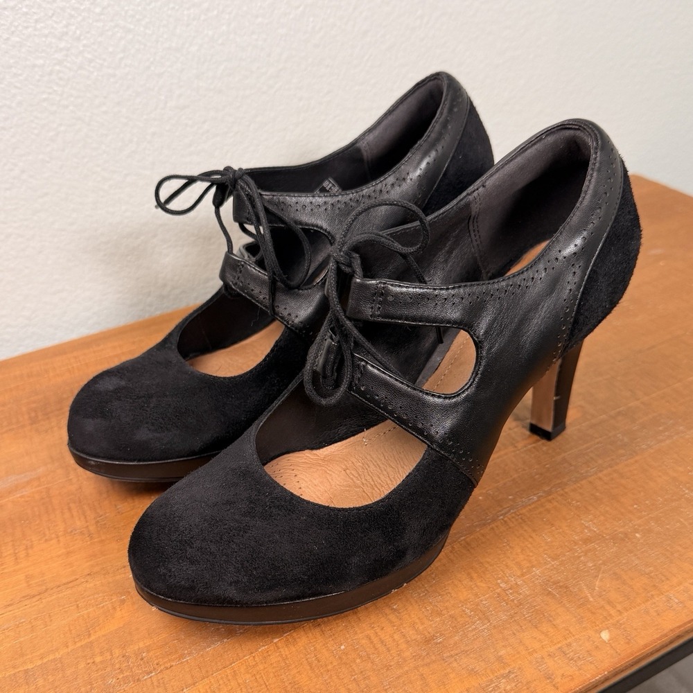 Clarks Artisan Black Leather & Suede Lace Up Oxford Mary Jane Heels Size 7.5 M